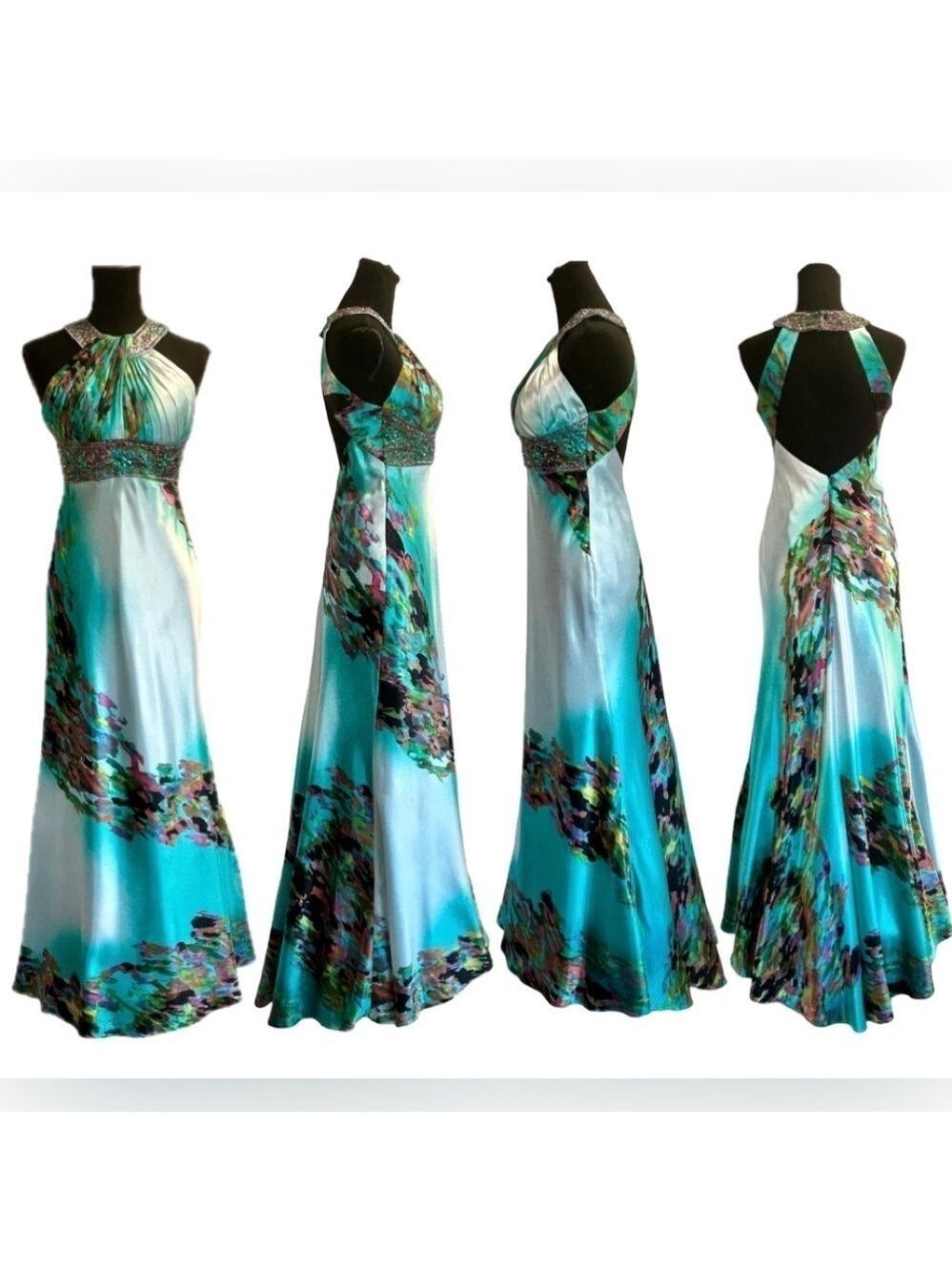 Laura Petites blue multicoloured sequin beaded pleated halter prom maxi gown 2P